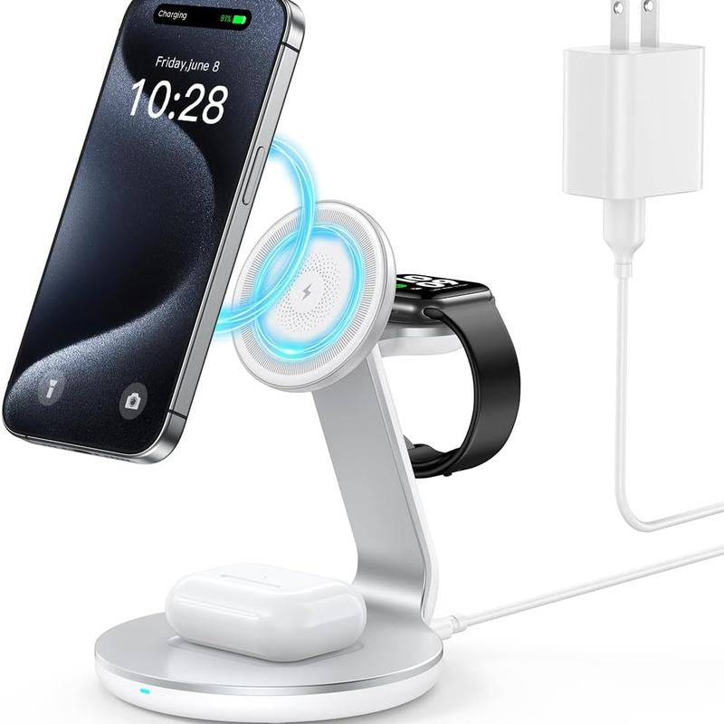 HERRBOL 3-in-1 Wireless Charging Station for MagSafe Compatible with iPhone 12/13/14/15/16 Series, AirPods, and Apple Watch