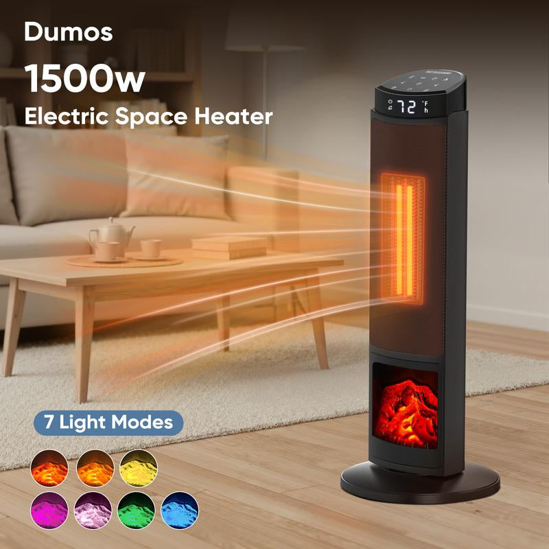 Sweetcrispy 23-Inch Portable Indoor Space Heater with Remote Thermostat, 7 Light Modes, 70° Oscillation, 12-Hour Timer, Adjustable Heating up to 95°F, and Tip-Over Protection