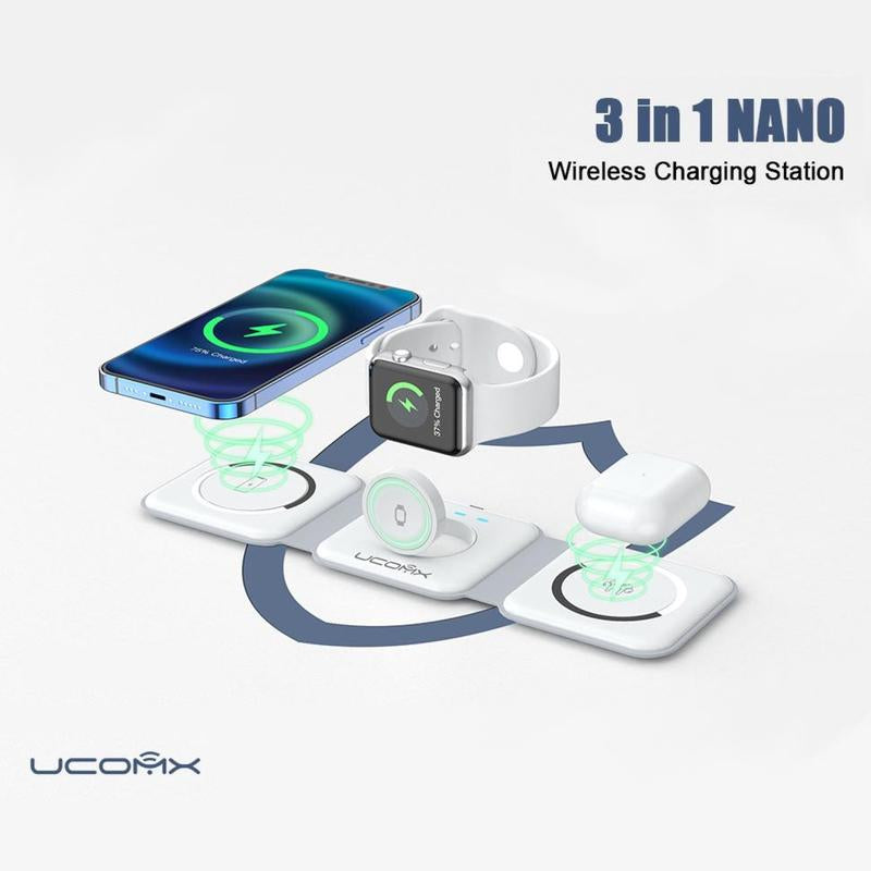 Awwpicks UCOMX 3-in-1 Wireless Charging Station for iPhone, Foldable Travel Charger for iPhone, AirPods, and Apple Watch - Ideal Christmas Gift