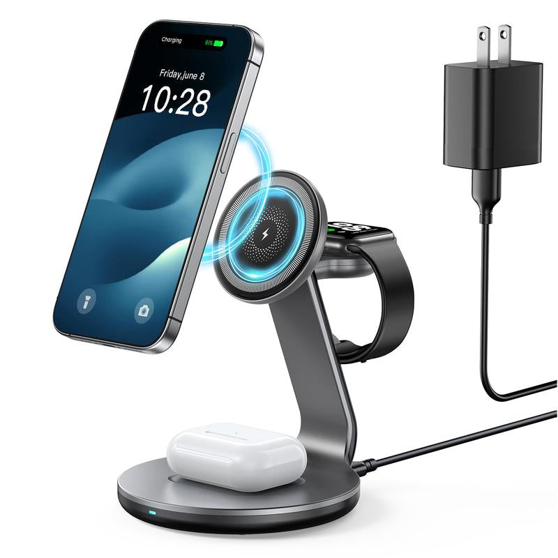HERRBOL 3-in-1 Wireless Charging Station for MagSafe Compatible with iPhone 12/13/14/15/16 Series, AirPods, and Apple Watch