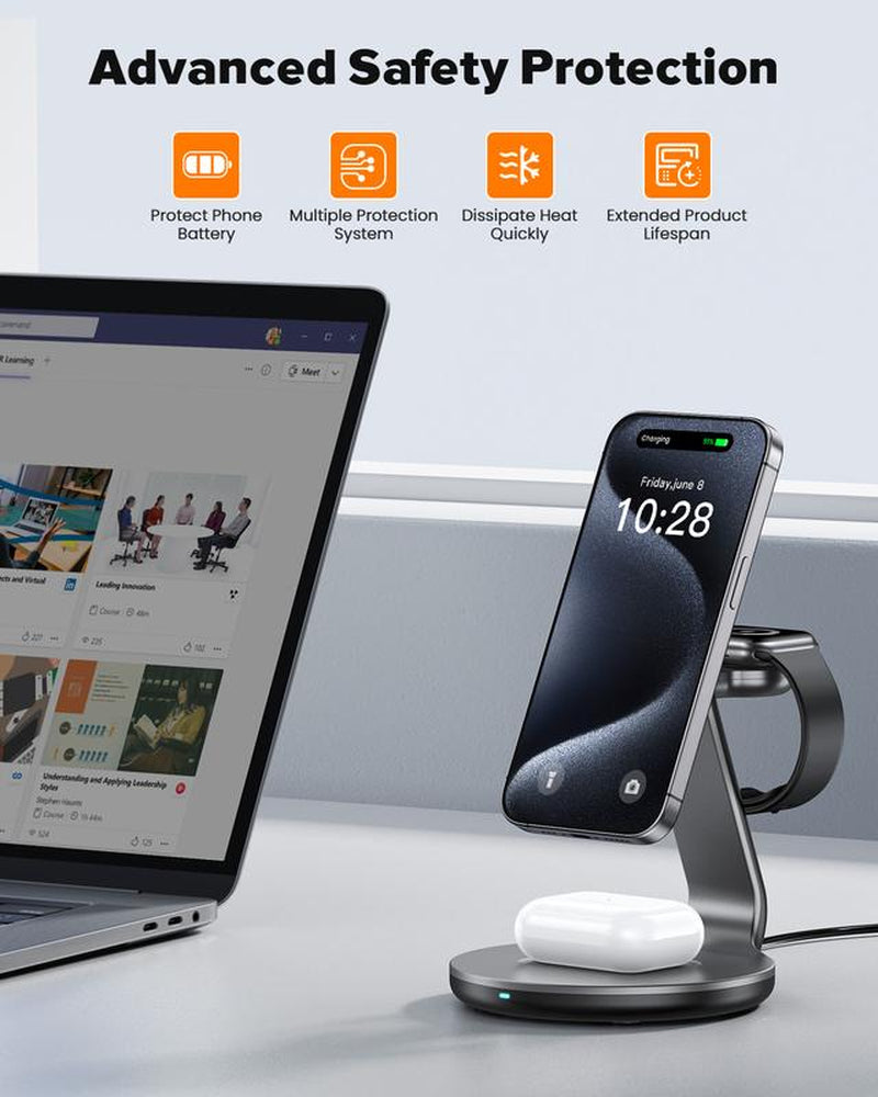 HERRBOL 3-in-1 Wireless Charging Station for MagSafe Compatible with iPhone 12/13/14/15/16 Series, AirPods, and Apple Watch