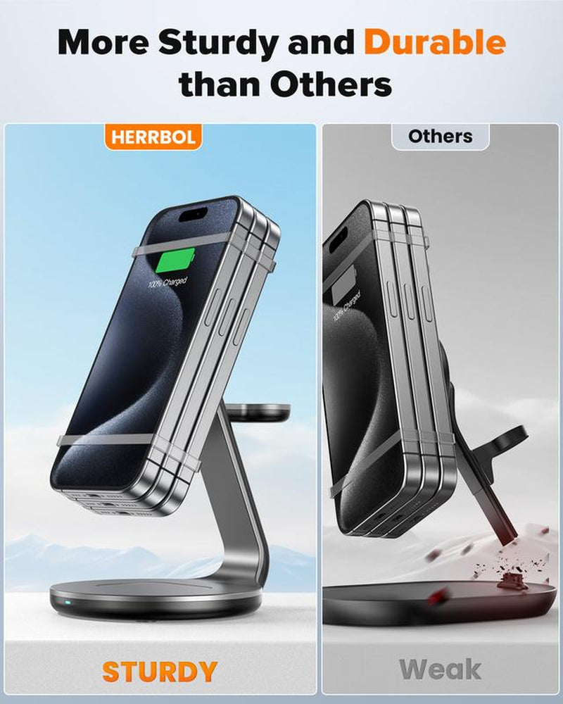 HERRBOL 3-in-1 Wireless Charging Station for MagSafe Compatible with iPhone 12/13/14/15/16 Series, AirPods, and Apple Watch
